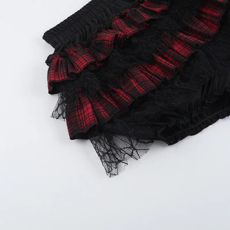 Gothic Harajuku Red Plaid Black Lace Patchwork Bloomers Shorts