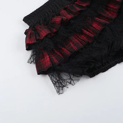 Gothic Harajuku Red Plaid Black Lace Patchwork Bloomers Shorts