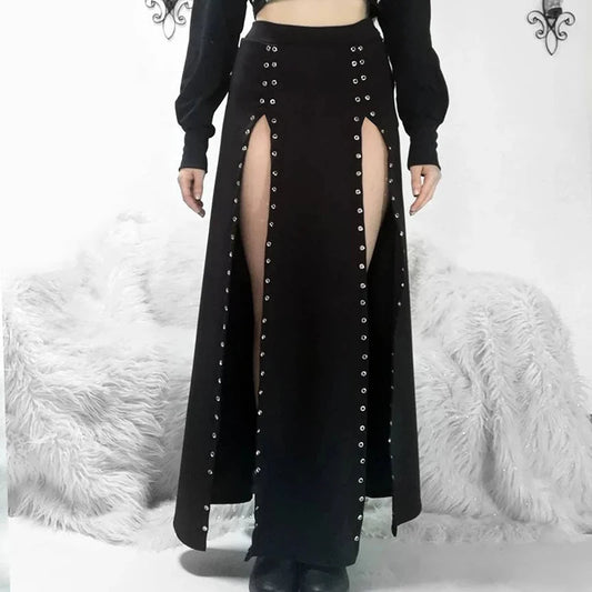Gothic Double High Slit Open Knit Long Skirt