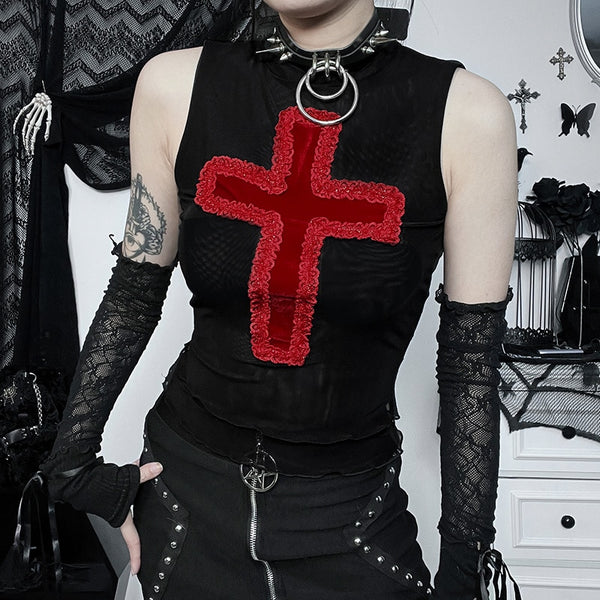 Gothic Cross Embroidery Lace Sleeveless Top