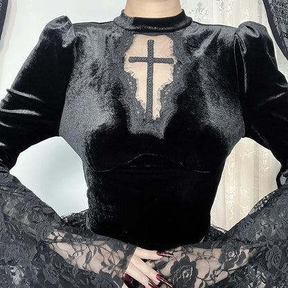 Gothic Alt Goth Vintage Cross Lace Patchwork Flare Long Sleeve Top