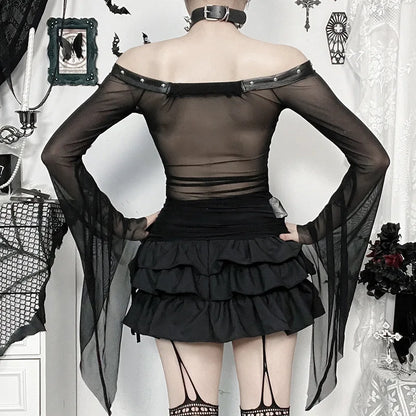 Gothic Alt Goth Off Shoulder Skeleton Print Flare Sleeve Top