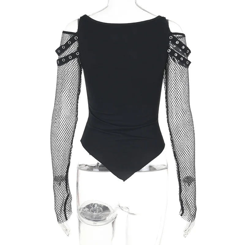 Gothic Alt Goth Punk Fishnet Sleeves Grommet Strap Patchwork Printed Top