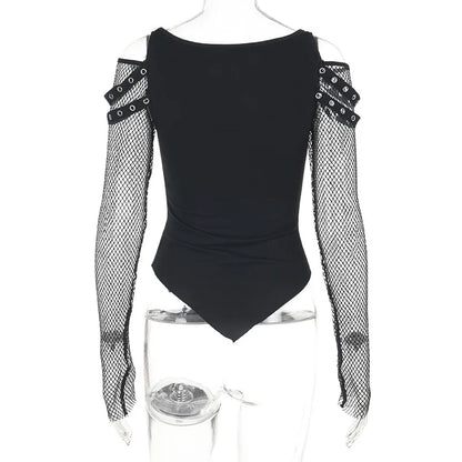 Gothic Alt Goth Punk Fishnet Sleeves Grommet Strap Patchwork Printed Top