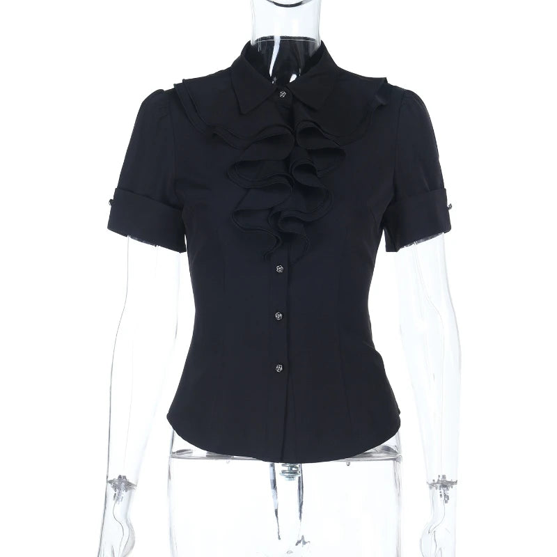 Gothic Dark Academia Goth Vintage Ruffle Short Sleeve Blouse