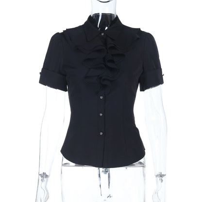 Gothic Dark Academia Goth Vintage Ruffle Short Sleeve Blouse
