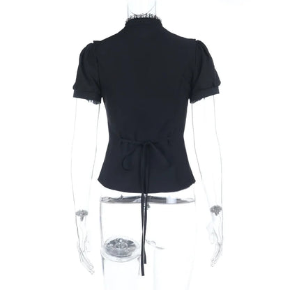 Gothic Victorian Goth Lace Patchwork Hollow Out Short Sleeve Blouse Top