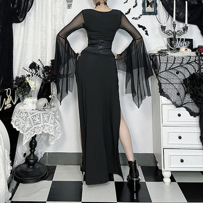 Gothic Dark Romantic Goth Sheer Flare Sleeves High Slit Wide Belt Long Dress