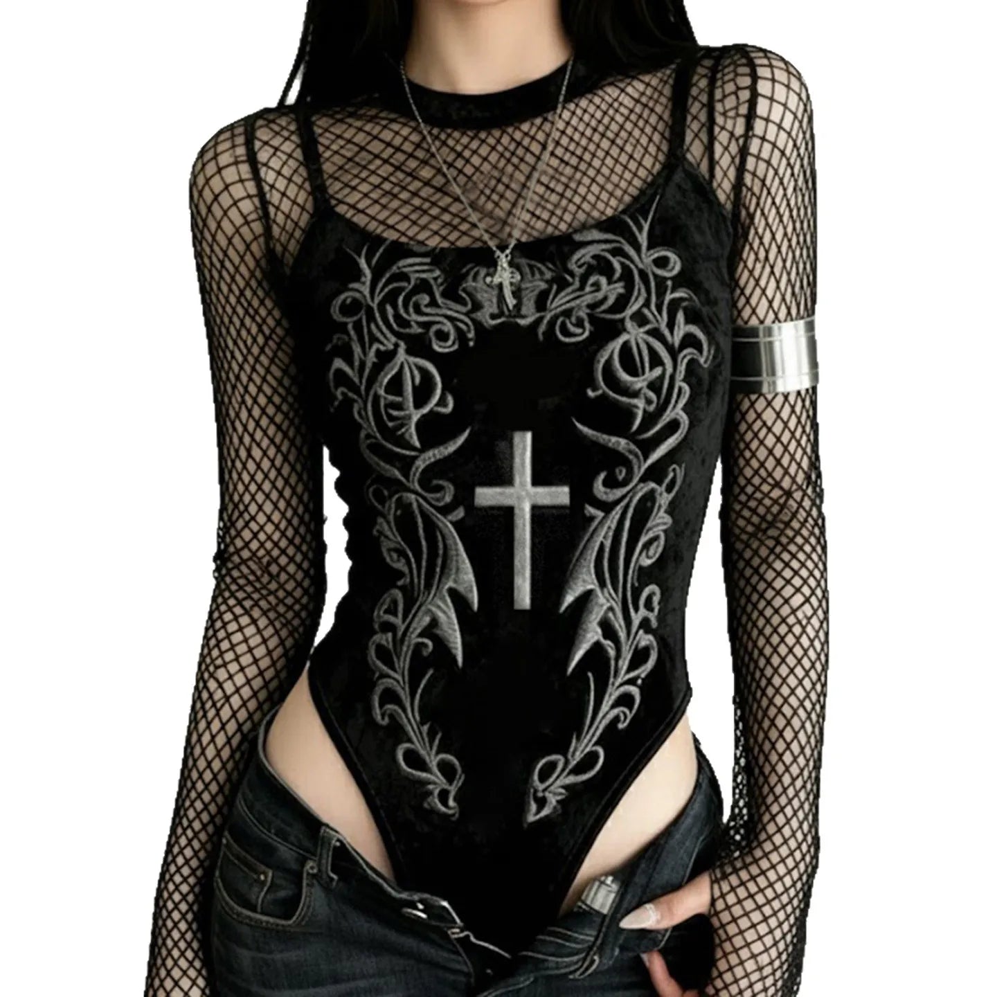 Gothic Y2K Alt Goth Cross Embroidered Fishnet Bodysuit Top
