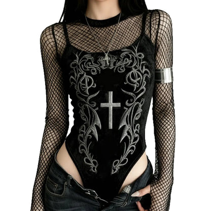 Gothic Y2K Alt Goth Cross Embroidered Fishnet Bodysuit Top