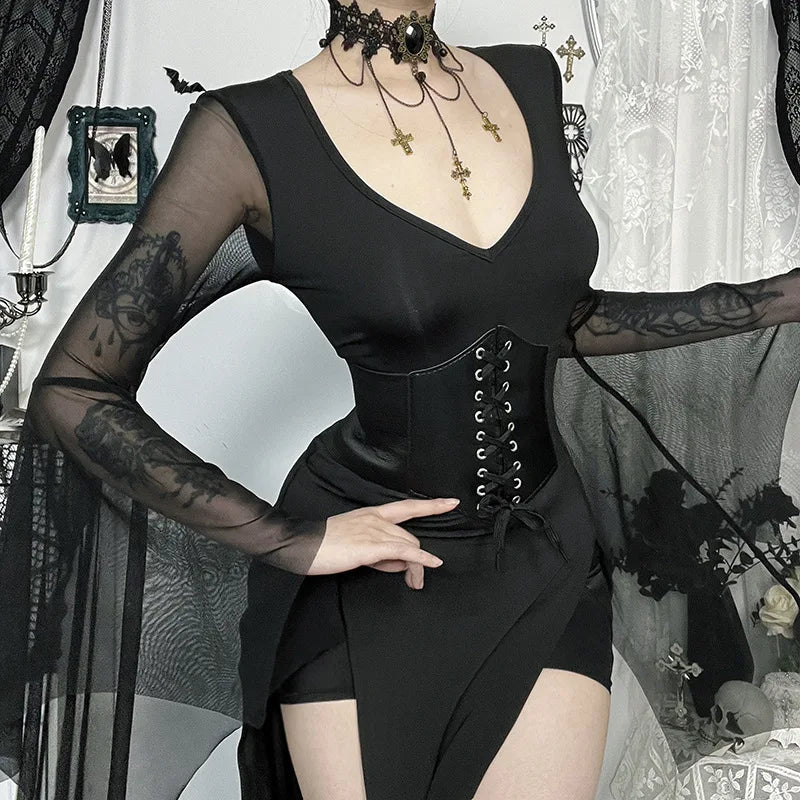 Gothic Dark Romantic Goth Sheer Flare Sleeves High Slit Wide Belt Long Dress