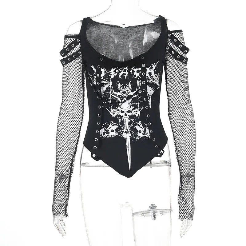 Gothic Alt Goth Punk Fishnet Sleeves Grommet Strap Patchwork Printed Top