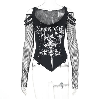Gothic Alt Goth Punk Fishnet Sleeves Grommet Strap Patchwork Printed Top