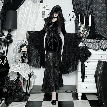 Gothic Romantic Goth Flocking Lace Batwing Sleeve Hooded Long Dress