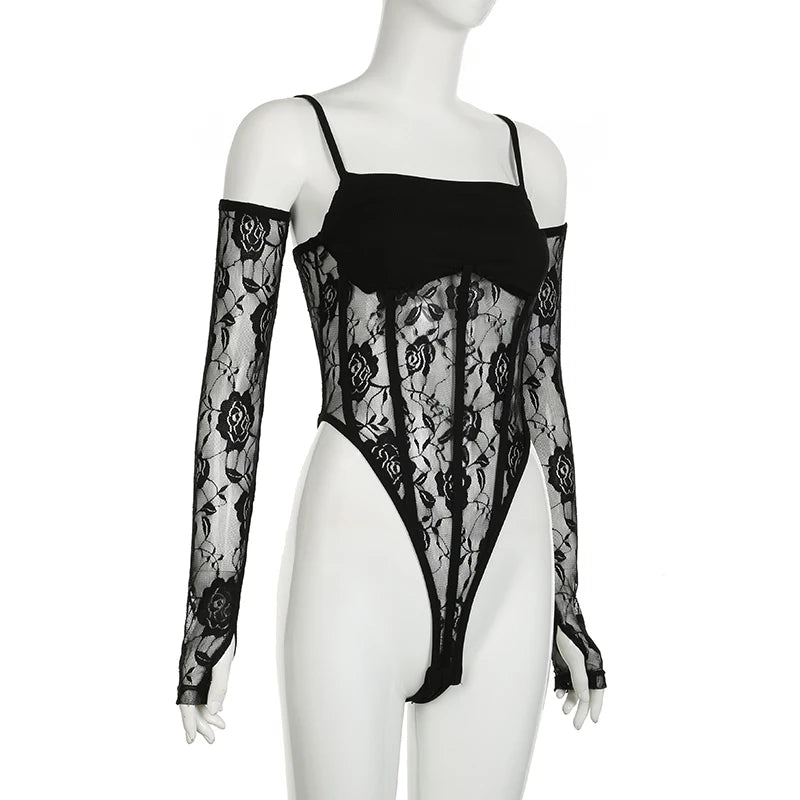 Gothic Romantic Lace Bodysuit Top with Lace Fingerless Gloves