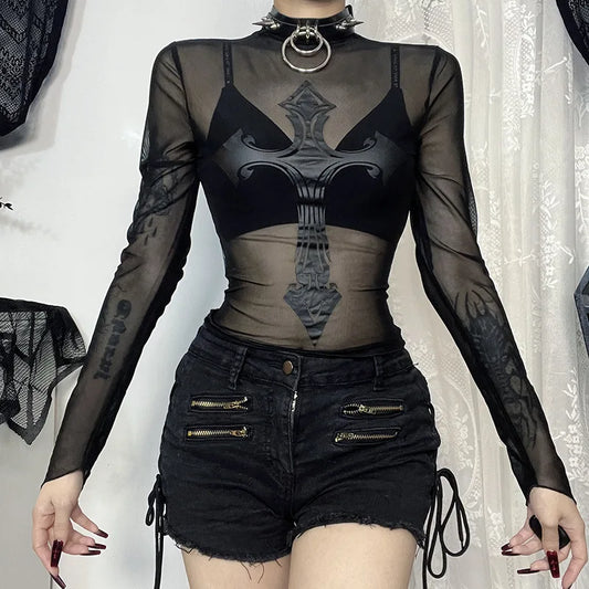 Gothic Alt Goth Cross Mesh Top