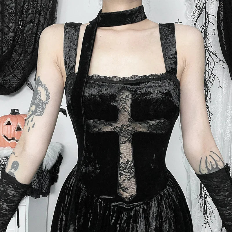 Gothic Alt Romantic Goth Cross Lace Patchwork Velvet Dress ROCK 'N DOLL Gothic Alt Romantic Goth Cross Lace Patchwork Velvet Dress ROCK 'N DOLL