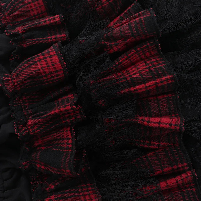 Gothic Harajuku Red Plaid Black Lace Patchwork Bloomers Shorts