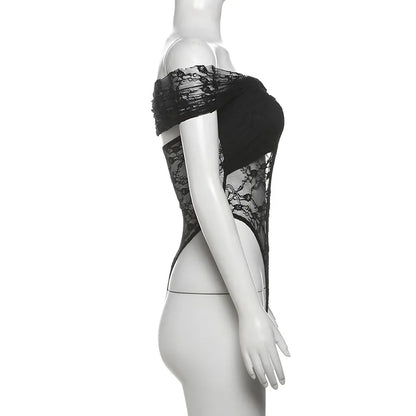 Gothic Alt Goth Off Shoulder Lace Mesh Bodysuit Top