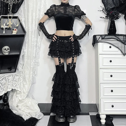 Gothic Alt Grommet Straps Ruffle Lace Mini Skirt