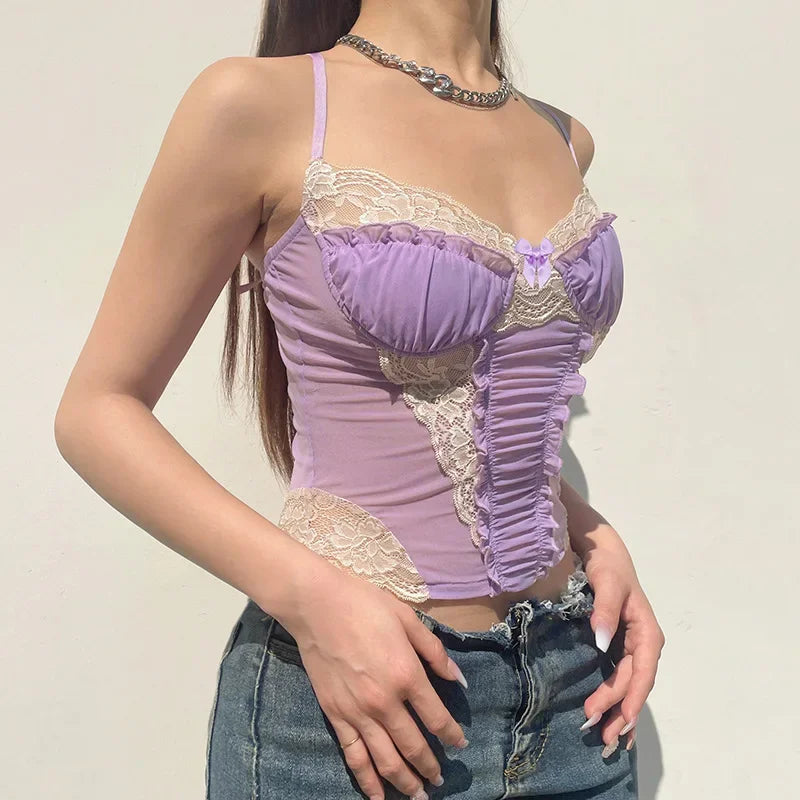 Gothic Romantic Y2K Lace Stitching Lilac Camisole Tank Top