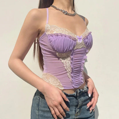 Gothic Romantic Y2K Lace Stitching Lilac Camisole Tank Top