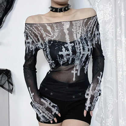 Gothic Cross Print Off Shoulder Mesh Long Sleeve Top