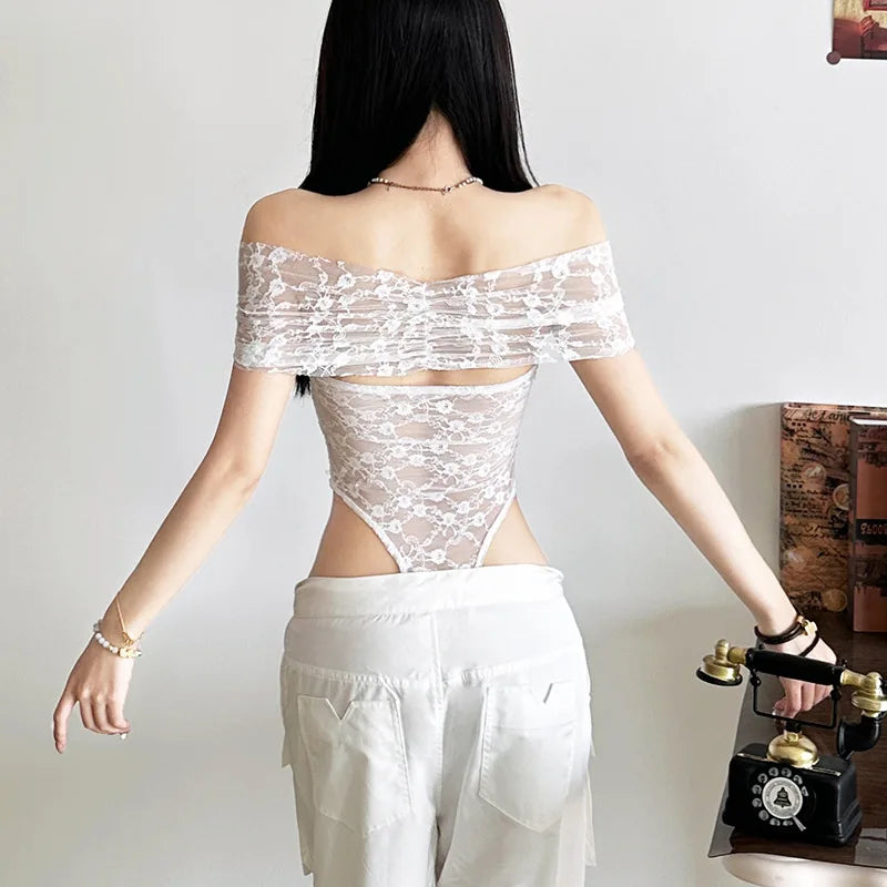 Gothic Alt Goth Off Shoulder Lace Mesh Bodysuit Top