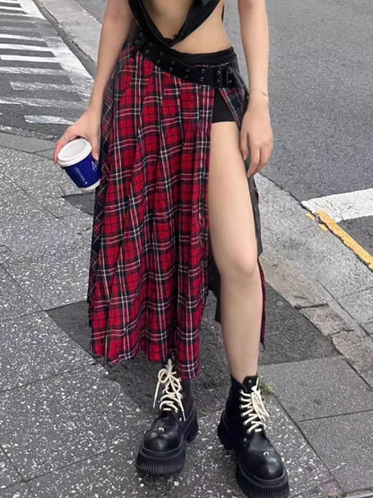 Gothic Grunge 90s Y2K Red Plaid A-Line Side Slit Skirt