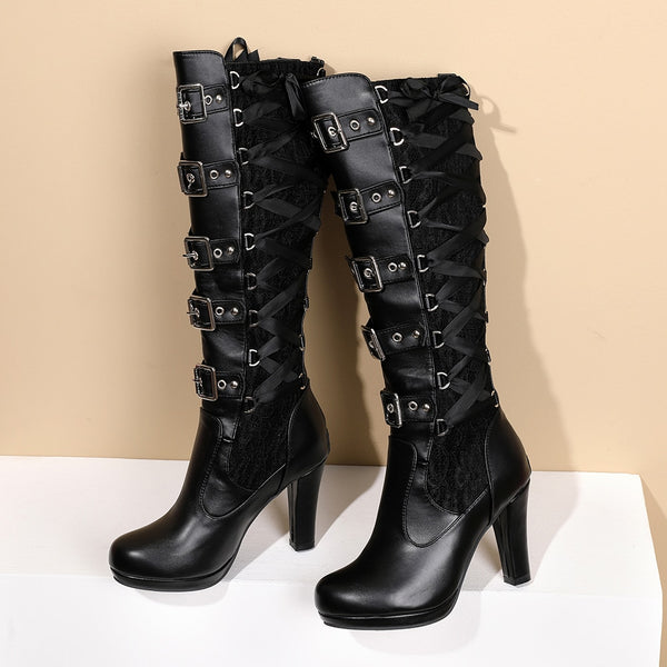 Gothic Multiple Belt Buckle Lace Knee High Boots