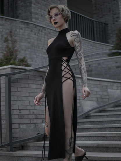 Gothic Alt Goth Dark Cosplay Lace Up High Slit Dress