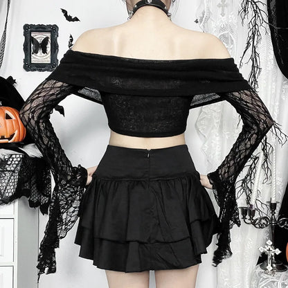 Gothic Alt Goth Off Shoulder Lace Sleeves Crop Top