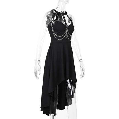 Gothic 90s Goth Faux Chain Body Harness Halter Dress