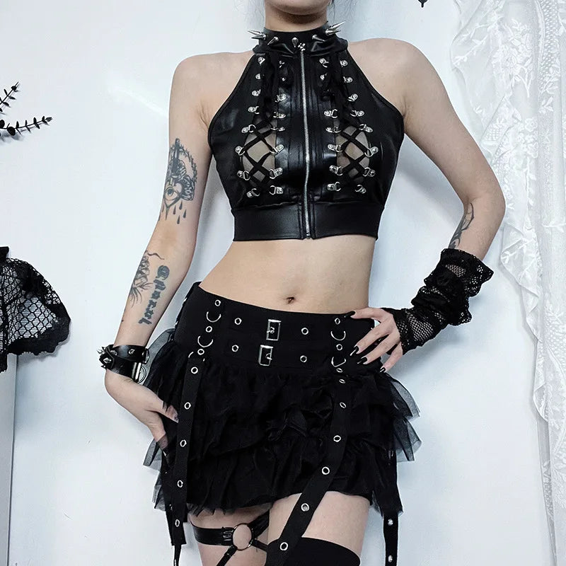 Alt Gothic Lace Up Zip Up Crop Tank Top Vest