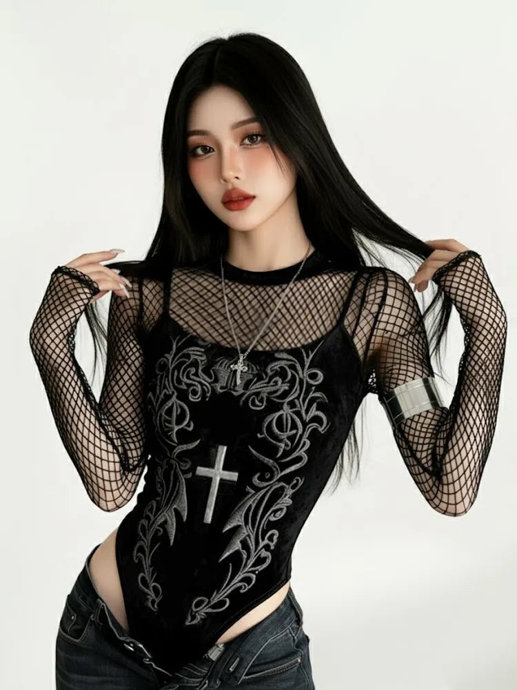 Gothic Y2K Alt Goth Cross Embroidered Fishnet Bodysuit Top