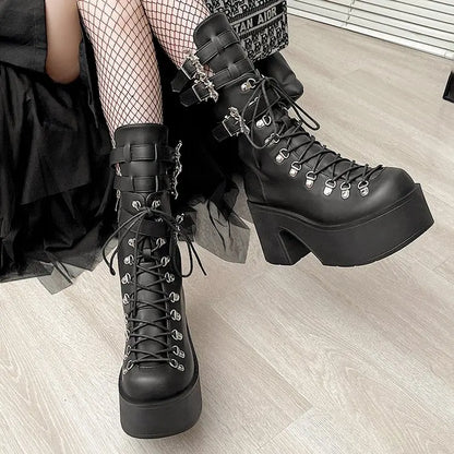 Gothic Alt Goth Bat Wings Double Buckle Lace Up Platform Boots