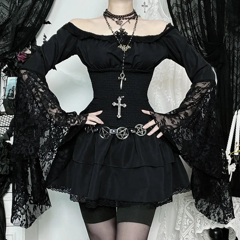 Gothic Alt Goth Off Shoulder Lace Trim Batwing Sleeves Mini Dress