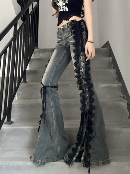 Gothic Y2K Alt Goth Eyelet Lace Up Bell Bottom Flare Jeans Pants