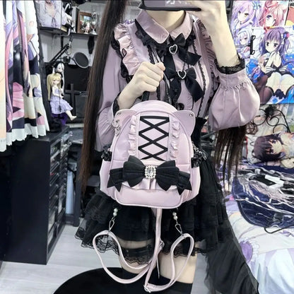 Gothic Y2K Harajuku Lolita Lace Bow Cat Ear PU Leather Backpack Bag (available in 3 colors)