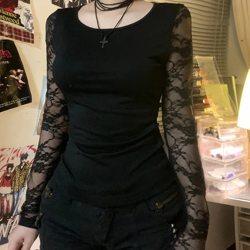 Gothic Alt Goth Lace Sleeves Sheer Back Shirt Top