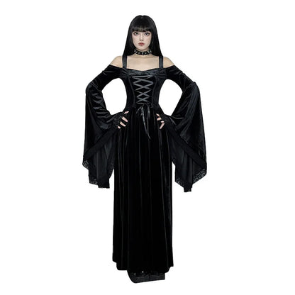 Gothic Romantic Alt Goth Cold Shoulder Bell Sleeve Lace Up Dress