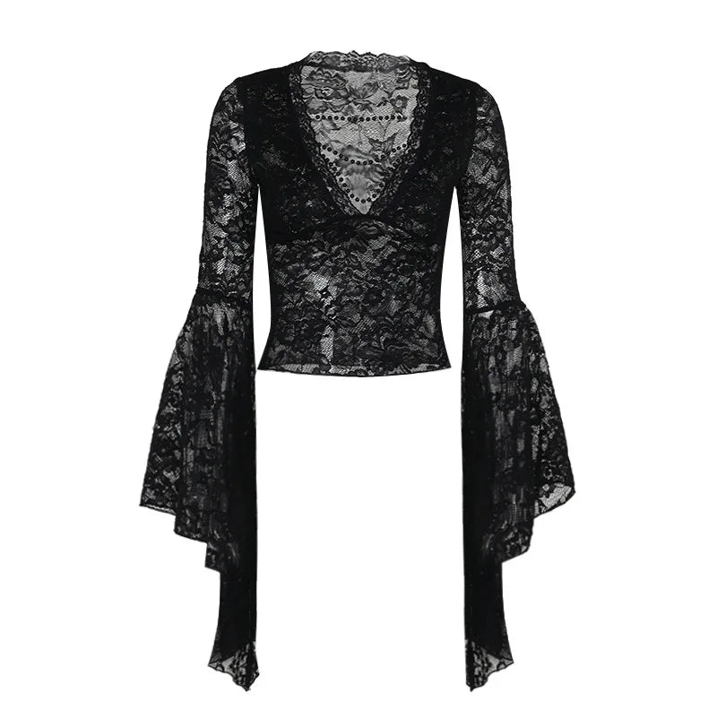 Gothic Vampire V-Neck Chain Beads Lace Bell Sleeves  Top