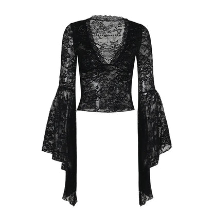 Gothic Vampire V-Neck Chain Beads Lace Bell Sleeves  Top