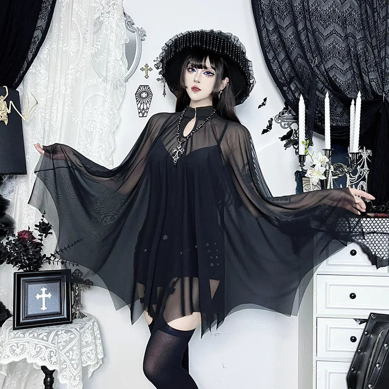 Gothic Alt Goth Black Spaghetti Strap Bodysuit Top + Sheer Cape Set