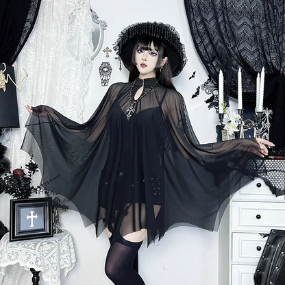 Gothic Alt Goth Black Spaghetti Strap Bodysuit Top + Sheer Cape Set