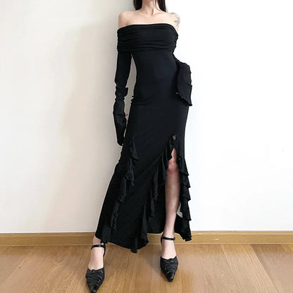 Gothic Romantic Goth Off Shoulder Ruffle Slit Long Sleeve Bodycon Long Dress