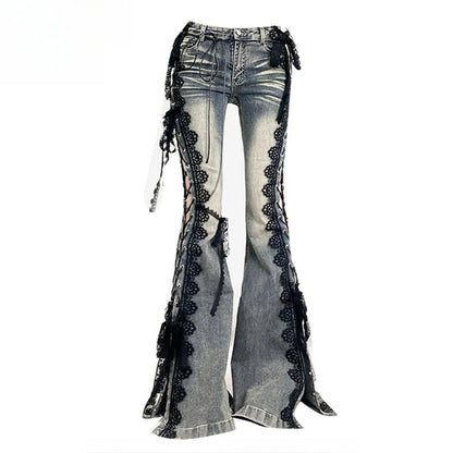 Gothic Y2K Alt Goth Eyelet Lace Up Bell Bottom Flare Jeans Pants