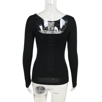 Gothic Alt Goth Cross Lace Patchwork Long Sleeve Top