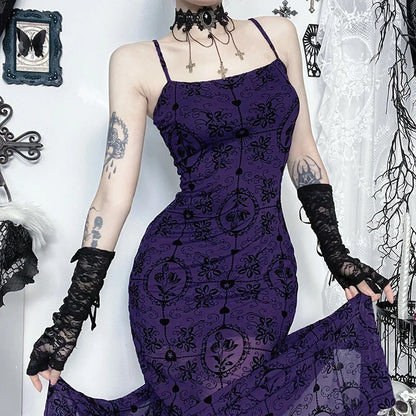 Gothic Alt Y2K Purple Sling Strap Sheer Maxi Dress