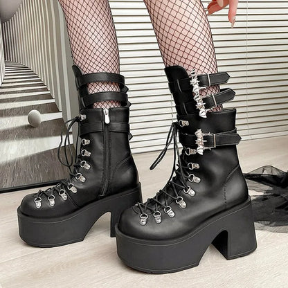 Gothic Alt Goth Bat Wings Double Buckle Lace Up Platform Boots